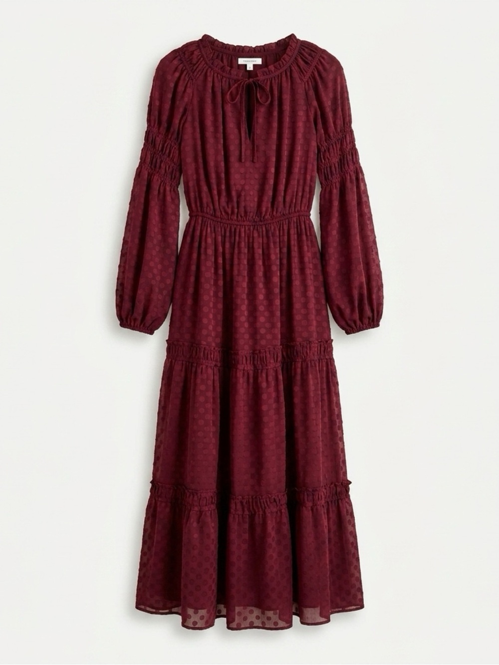 Max Studio Burgundy Tie-Neck Smocked Waist Tiered Maxi Dress